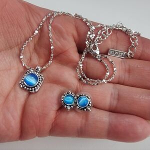 Napier Blue Glass Cabochon Necklace & Stud Earrings Set Silver Tone Boho